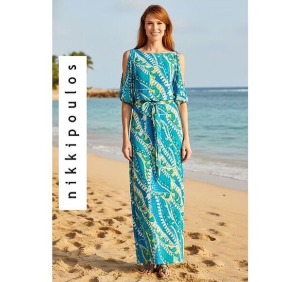 NIKKI POULOS, Turquoise/lime green print cold shoulder maxi Hydra dress - Picture 1 of 15